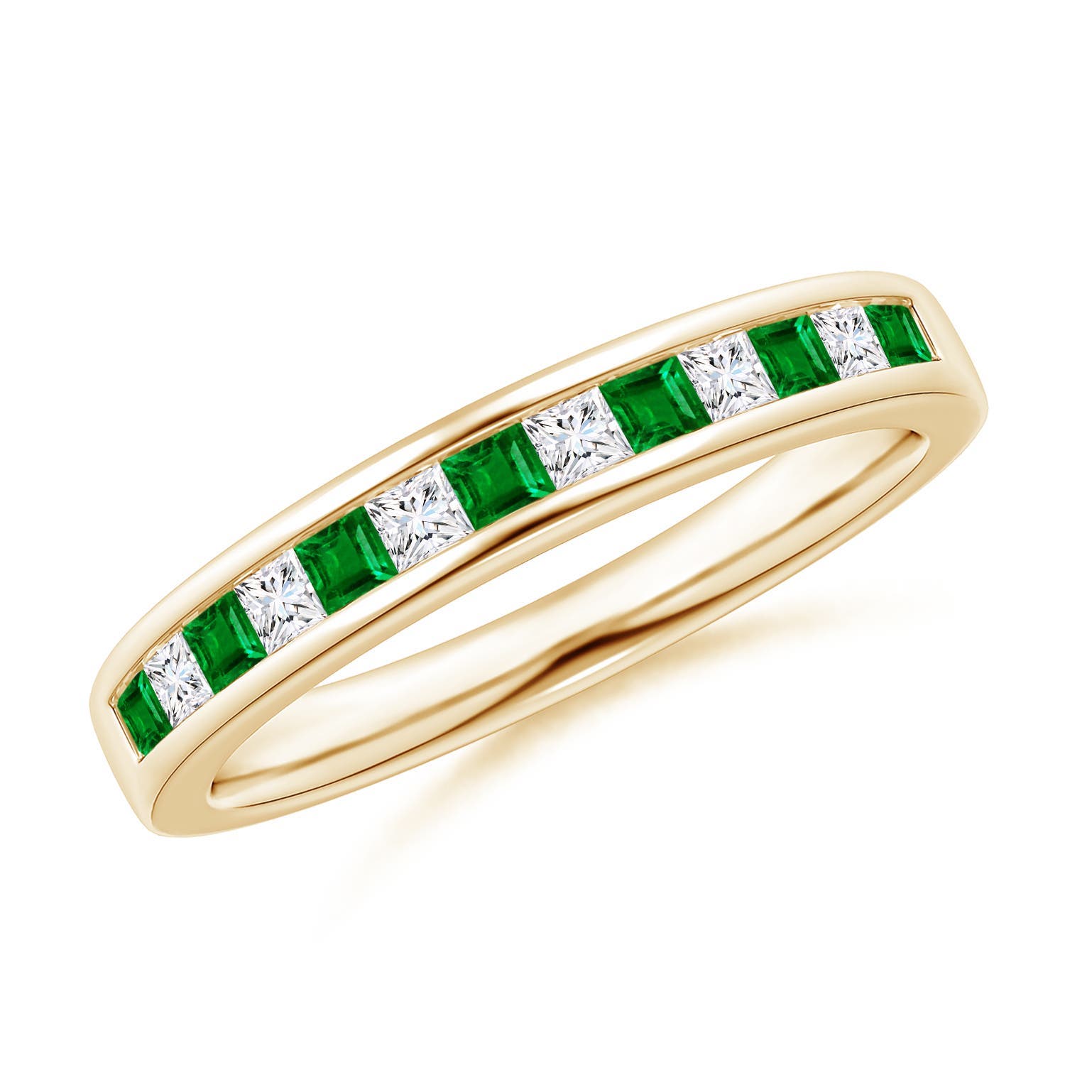 1.8mm AAAA Channel Square Emerald and Diamond Half Eternity Ring in 18K Yellow Gold