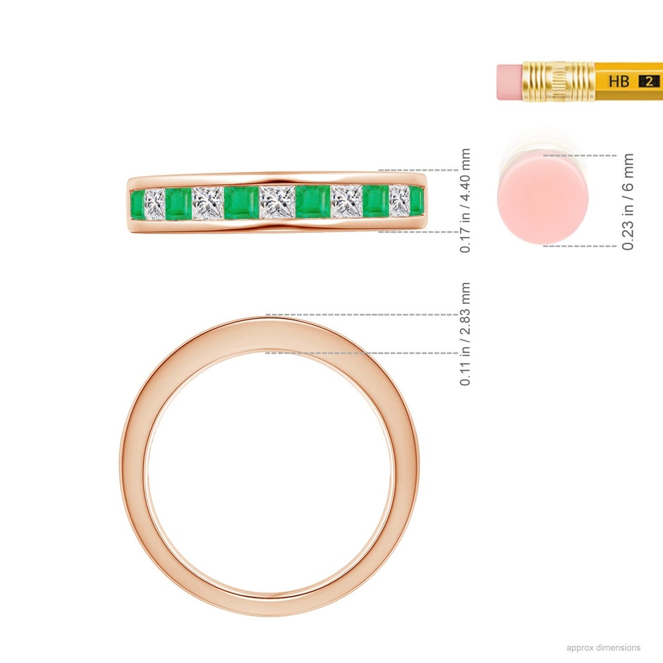 2.4mm A Channel Square Emerald and Diamond Half Eternity Ring in Rose Gold ruler