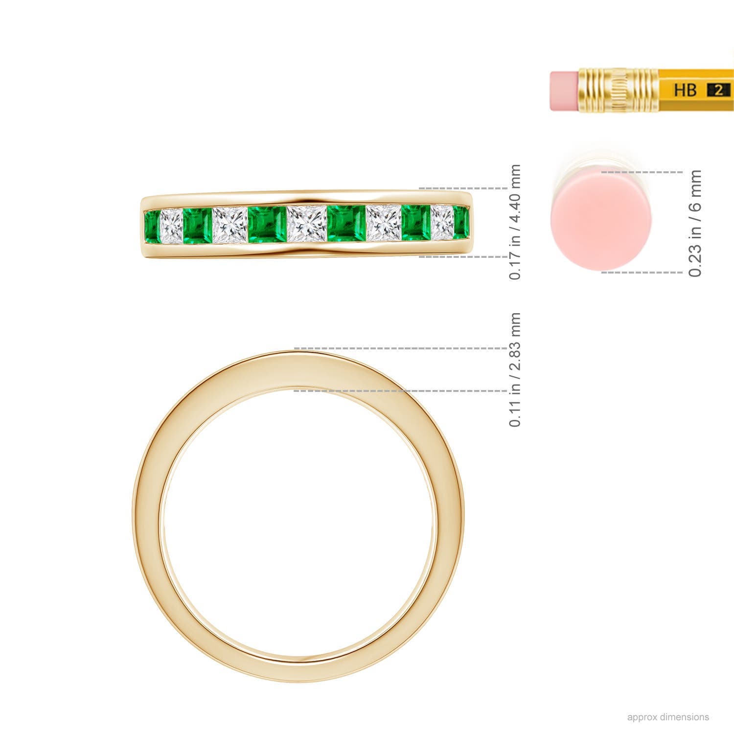 2.4mm AAA Channel Square Emerald and Diamond Half Eternity Ring in 18K Yellow Gold - ruler