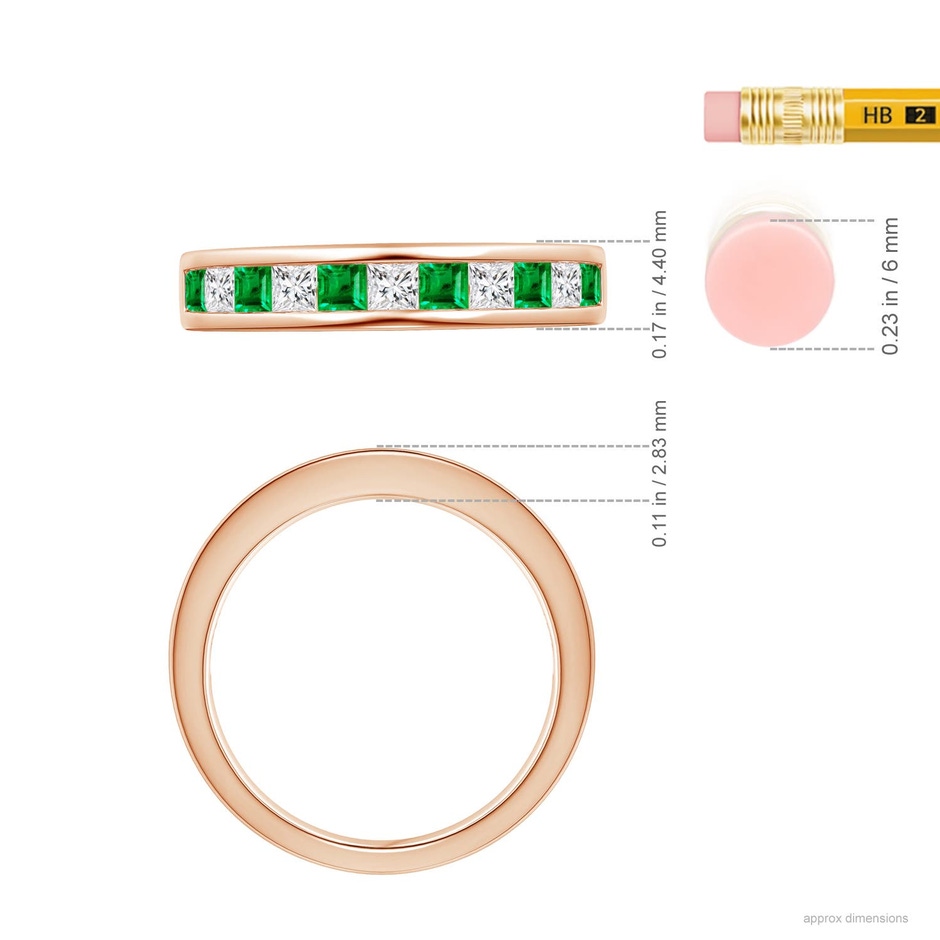 2.4mm AAA Channel Square Emerald and Diamond Half Eternity Ring in Rose Gold ruler