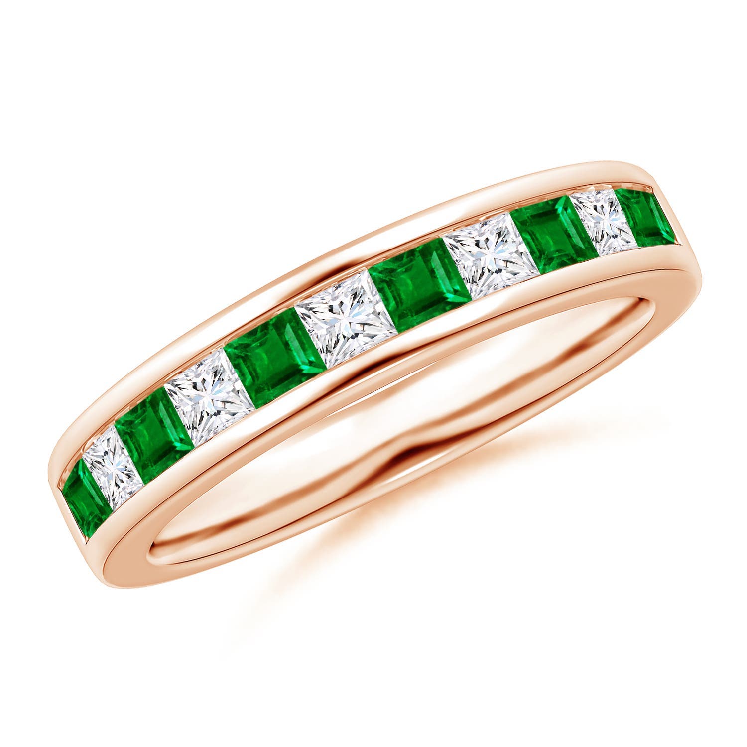 2.4mm AAAA Channel Square Emerald and Diamond Half Eternity Ring in 18K Rose Gold