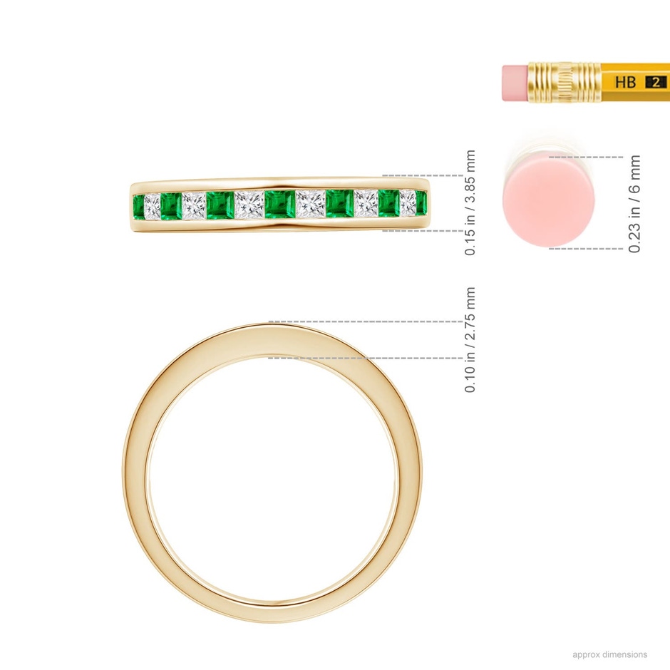 2mm AAA Channel Square Emerald and Diamond Half Eternity Ring in Yellow Gold ruler