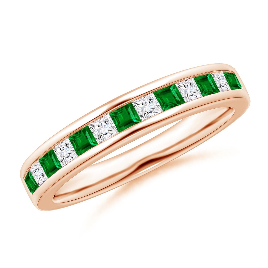2mm AAAA Channel Square Emerald and Diamond Half Eternity Ring in Rose Gold 