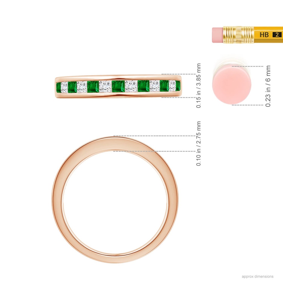 2mm AAAA Channel Square Emerald and Diamond Half Eternity Ring in Rose Gold ruler