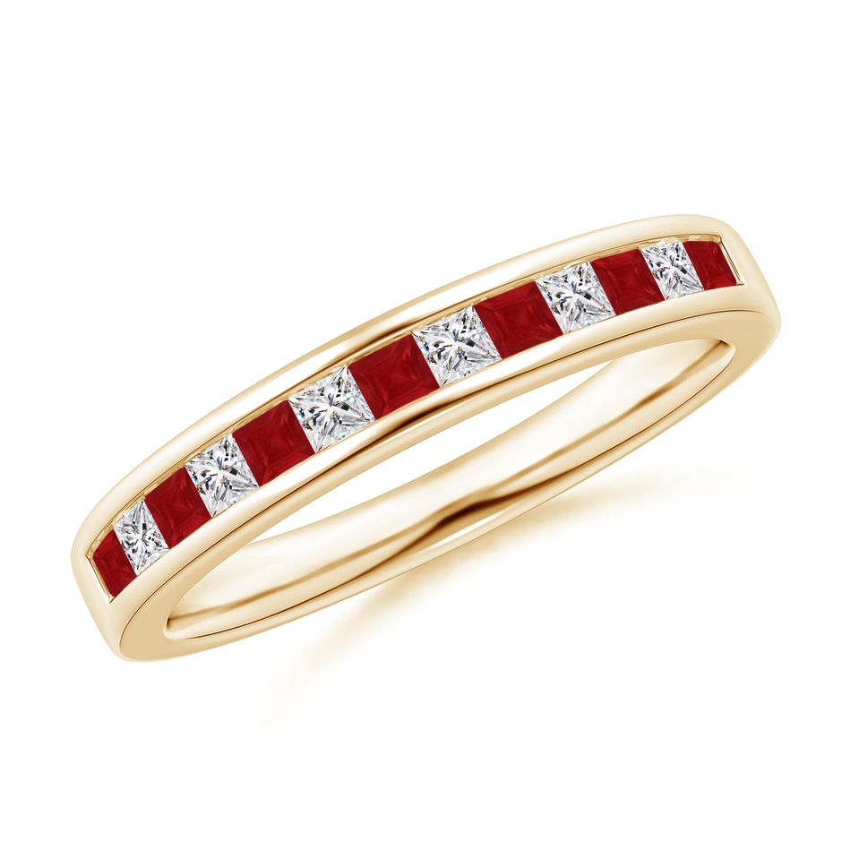 1.8mm AA Channel Square Ruby and Diamond Half Eternity Ring in Yellow Gold 
