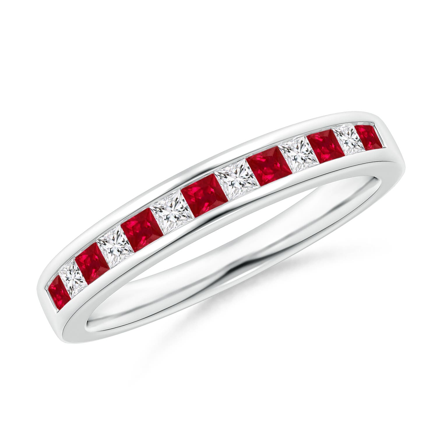 1.8mm AAA Channel Square Ruby and Diamond Half Eternity Ring in White Gold