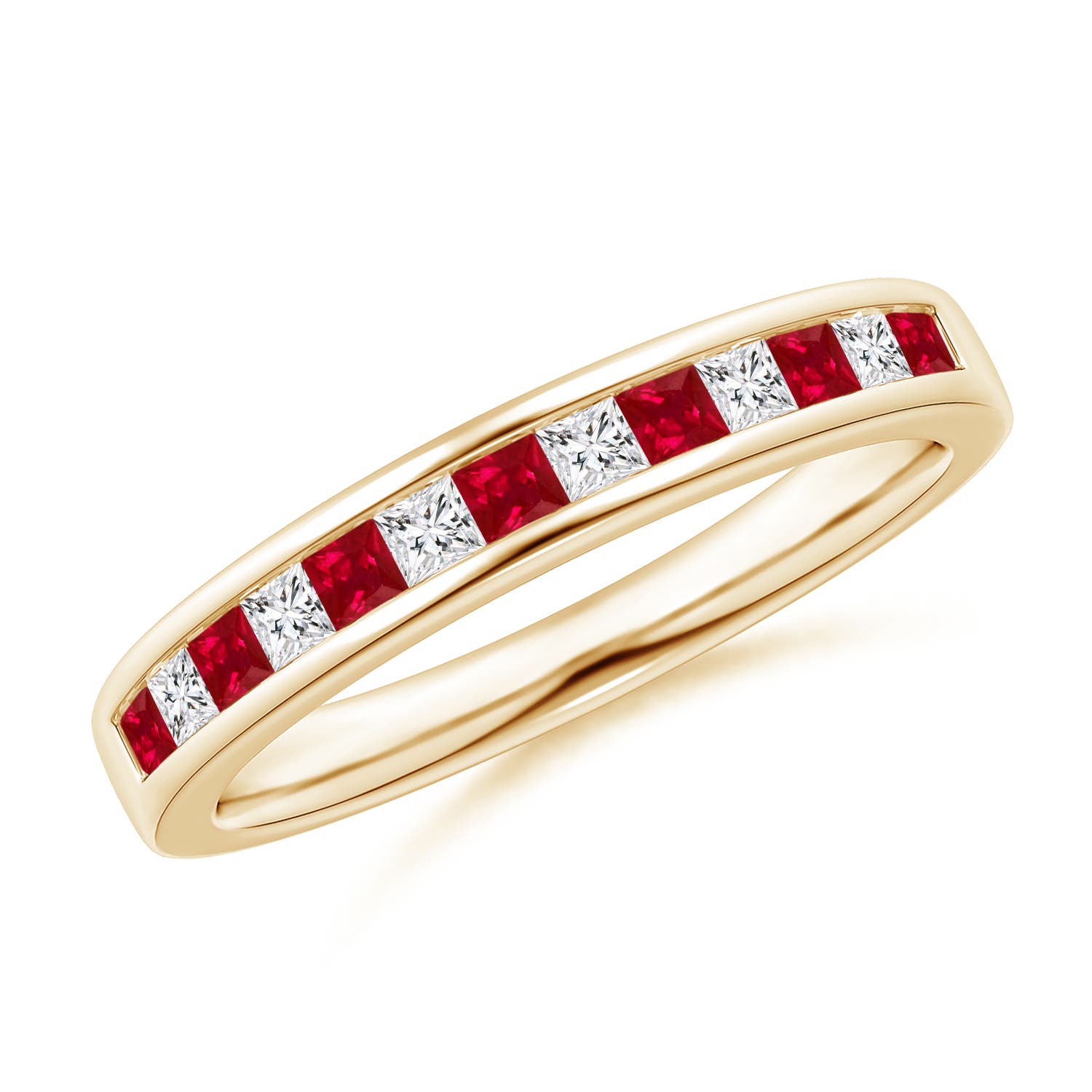 1.8mm AAA Channel Square Ruby and Diamond Half Eternity Ring in Yellow Gold