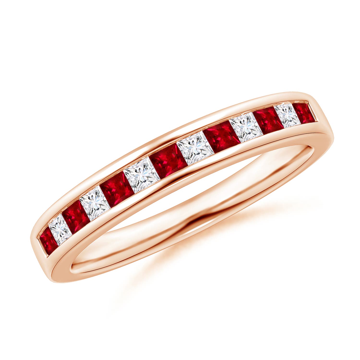 1.8mm AAAA Channel Square Ruby and Diamond Half Eternity Ring in 18K Rose Gold