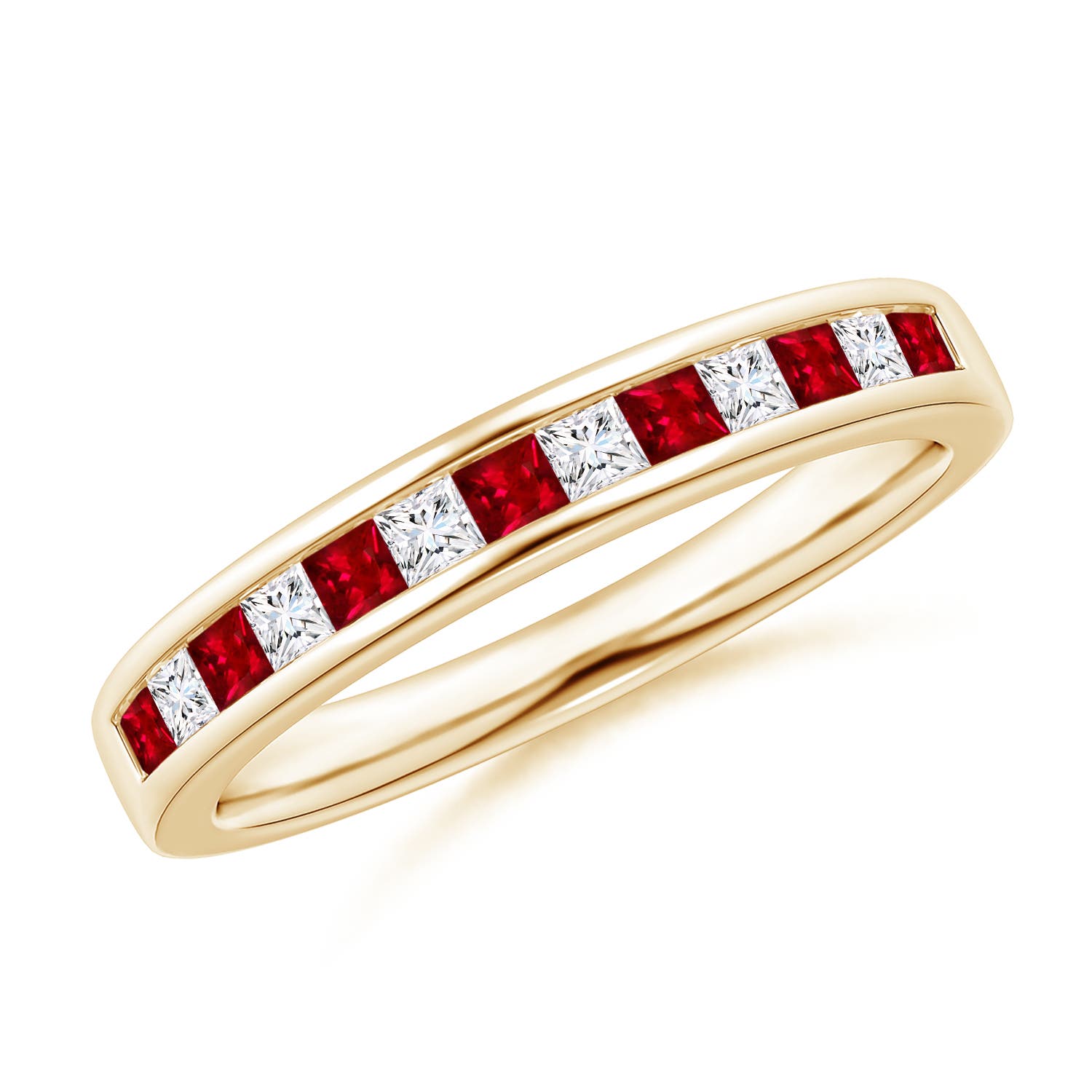 1.8mm AAAA Channel Square Ruby and Diamond Half Eternity Ring in Yellow Gold