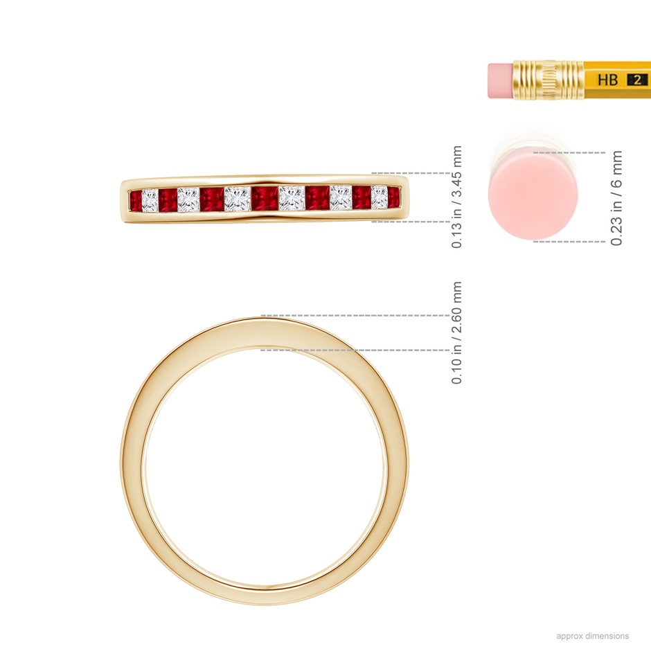 1.8mm AAAA Channel Square Ruby and Diamond Half Eternity Ring in Yellow Gold ruler