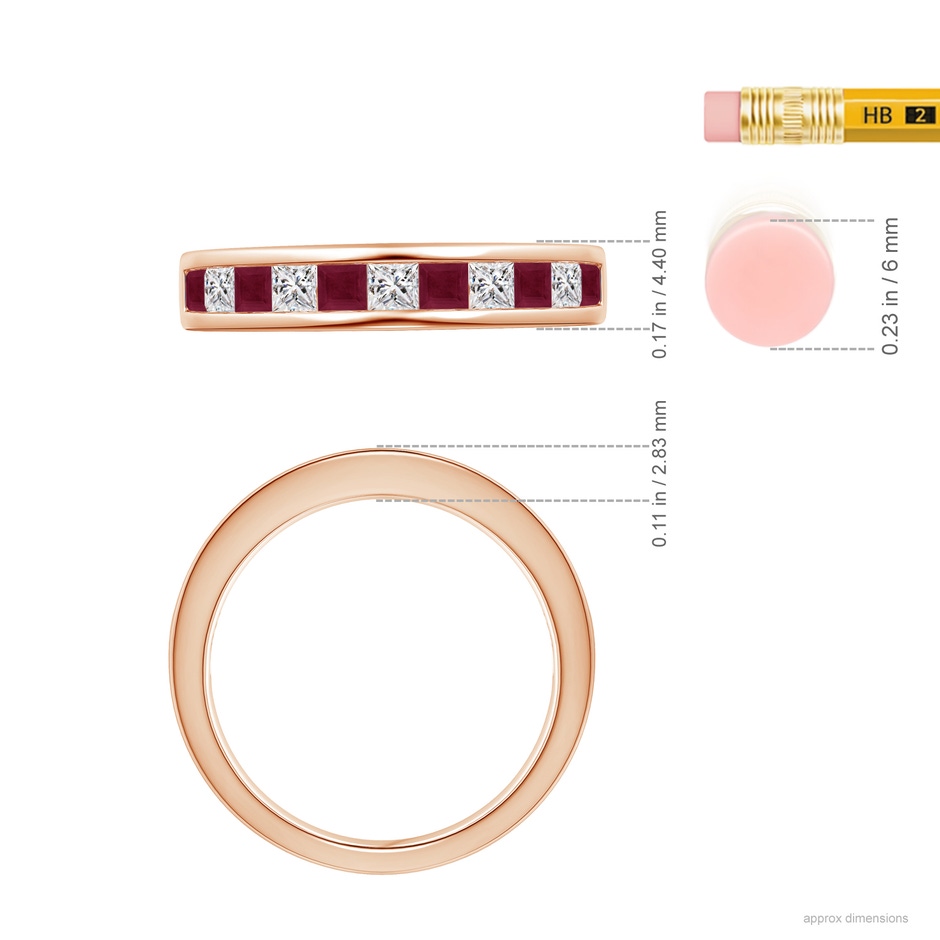 2.4mm A Channel Square Ruby and Diamond Half Eternity Ring in Rose Gold ruler