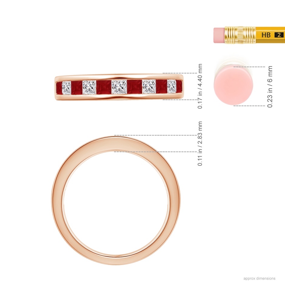 2.4mm AA Channel Square Ruby and Diamond Half Eternity Ring in Rose Gold ruler