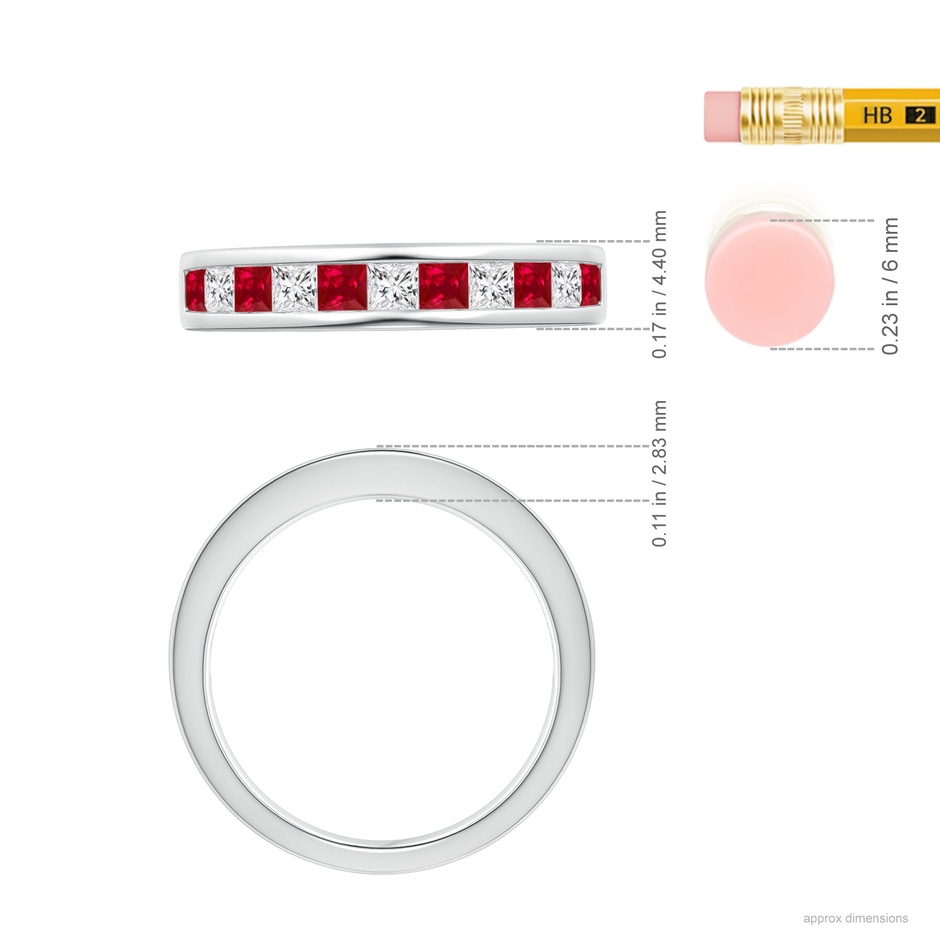 2.4mm AAA Channel Square Ruby and Diamond Half Eternity Ring in 18K White Gold ruler
