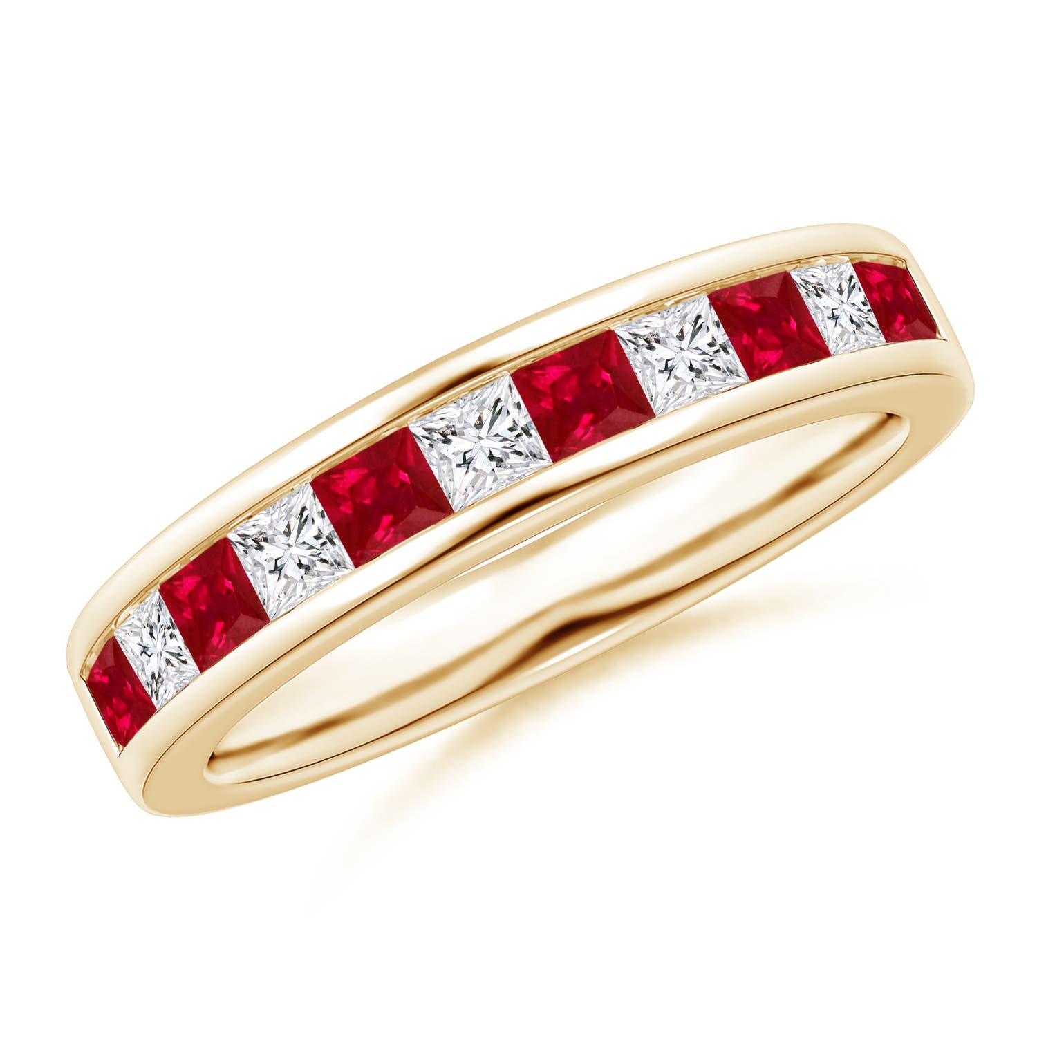 2.4mm AAA Channel Square Ruby and Diamond Half Eternity Ring in 18CT Yellow Gold