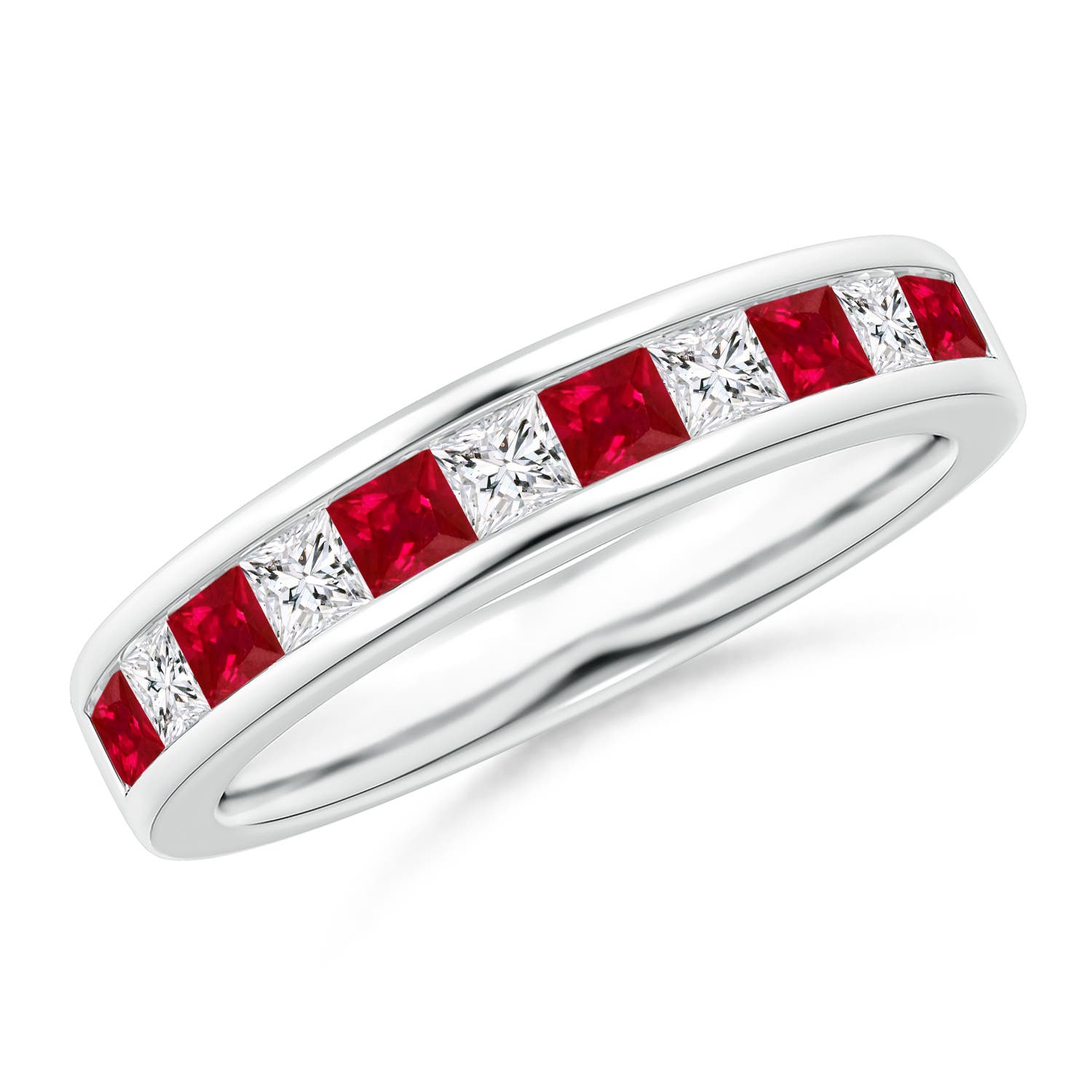 2.4mm AAA Channel Square Ruby and Diamond Half Eternity Ring in White Gold