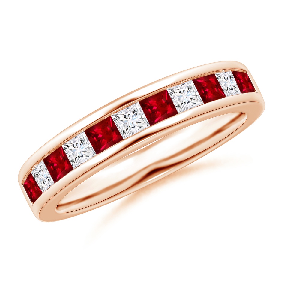 2.4mm AAAA Channel Square Ruby and Diamond Half Eternity Ring in Rose Gold 