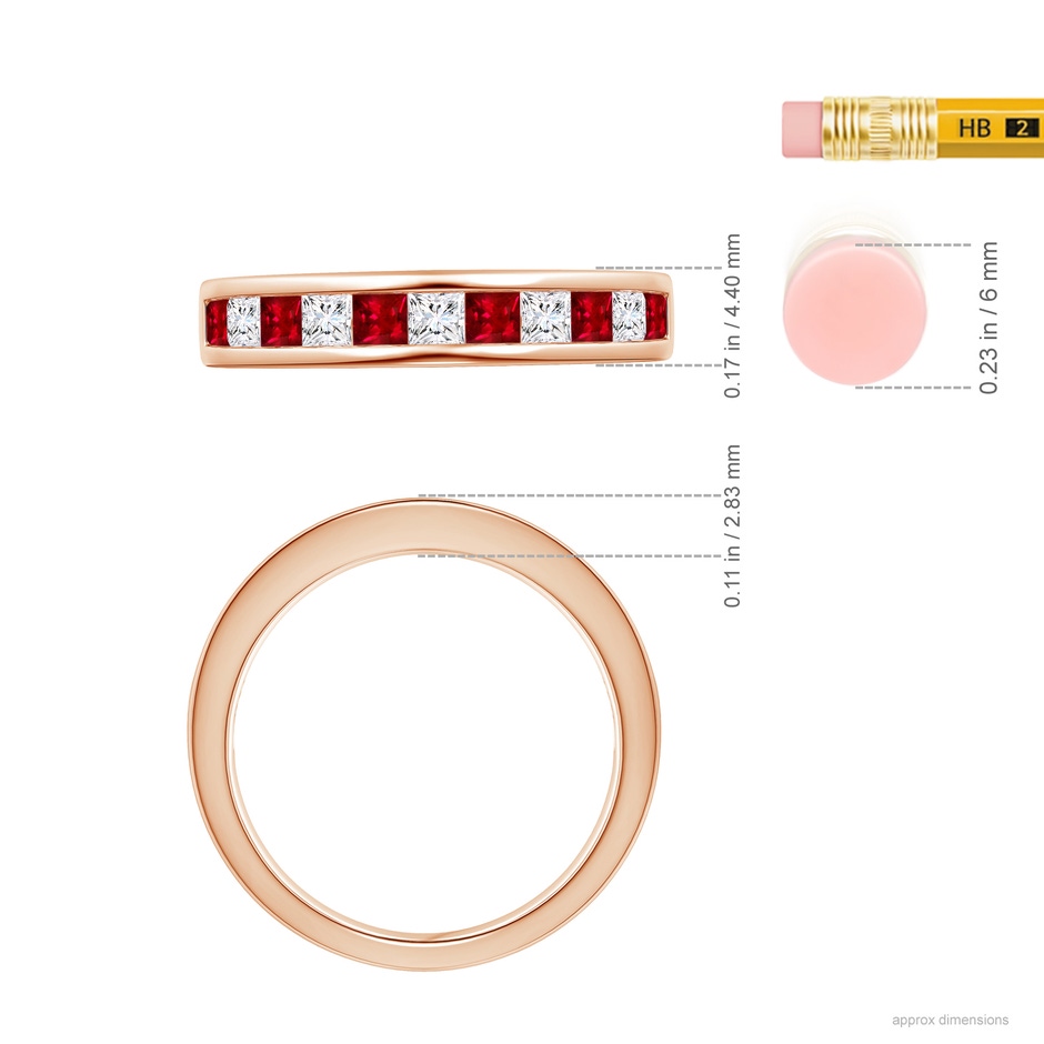2.4mm AAAA Channel Square Ruby and Diamond Half Eternity Ring in Rose Gold ruler