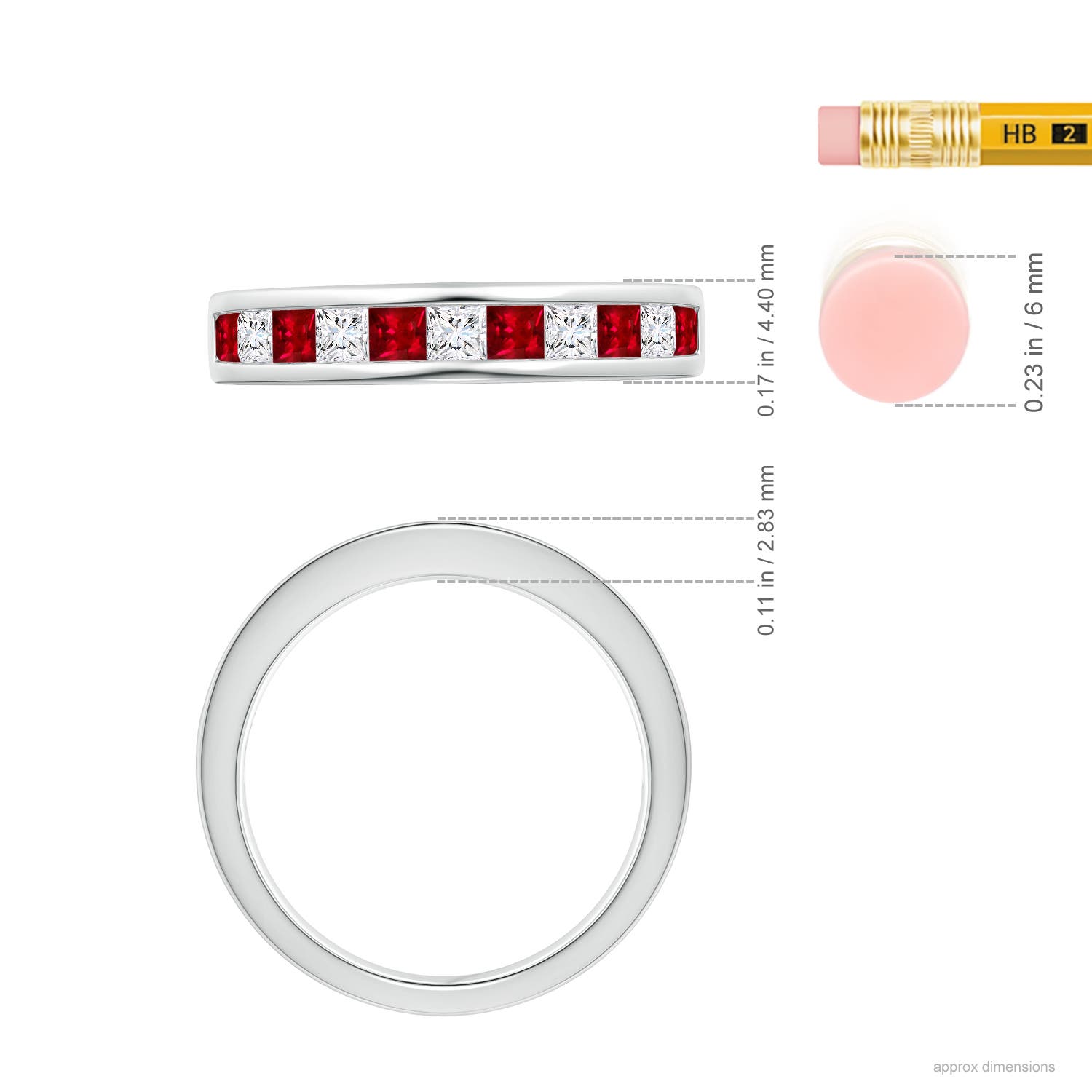 2.4mm AAAA Channel Square Ruby and Diamond Half Eternity Ring in White Gold - ruler