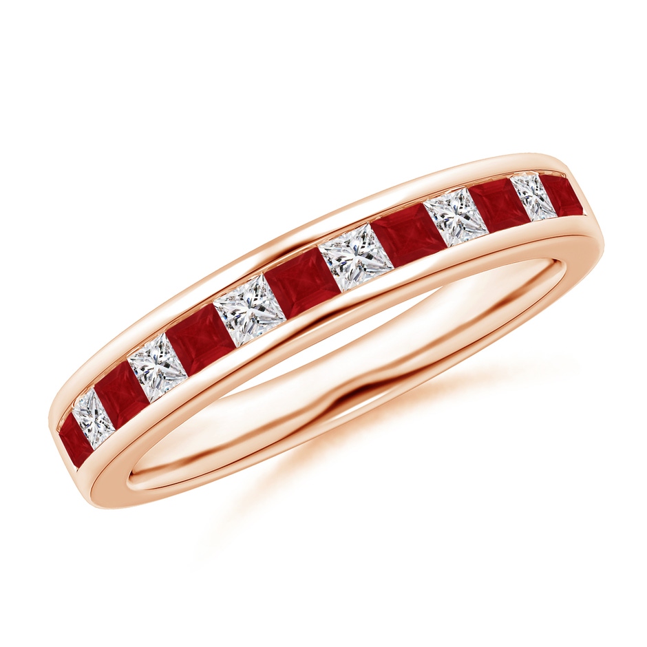 2mm AA Channel Square Ruby and Diamond Half Eternity Ring in Rose Gold 