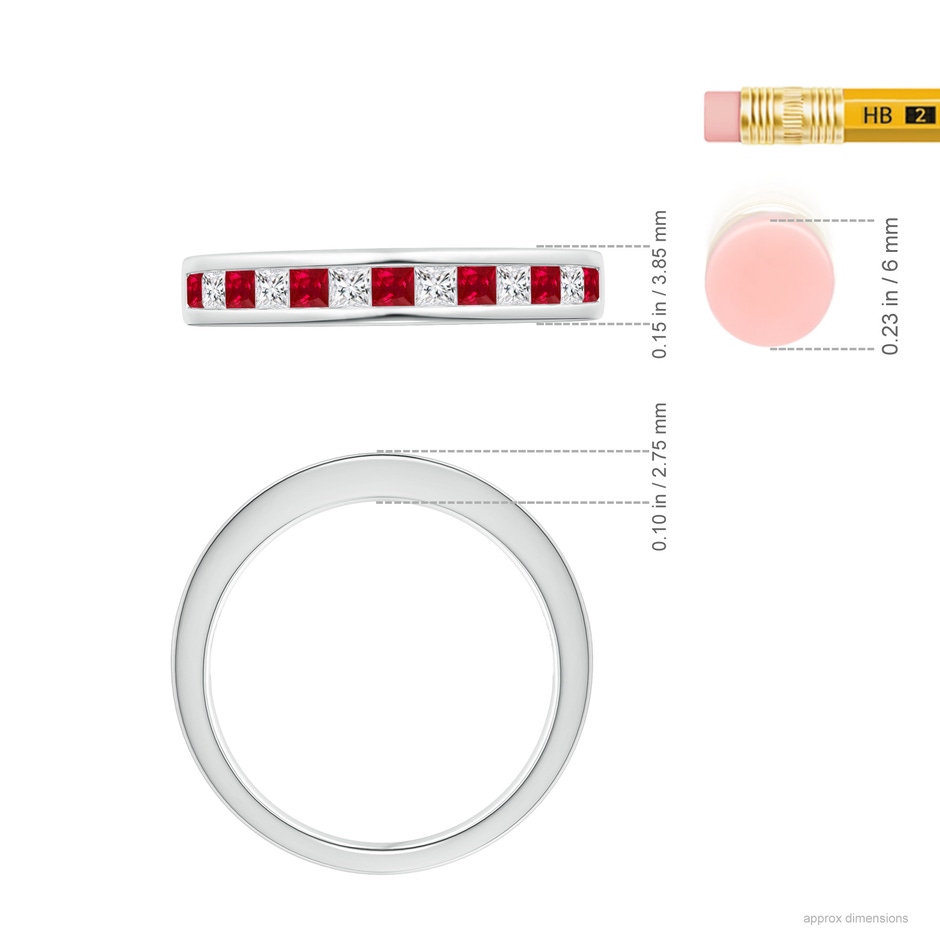 2mm AAA Channel Square Ruby and Diamond Half Eternity Ring in White Gold ruler
