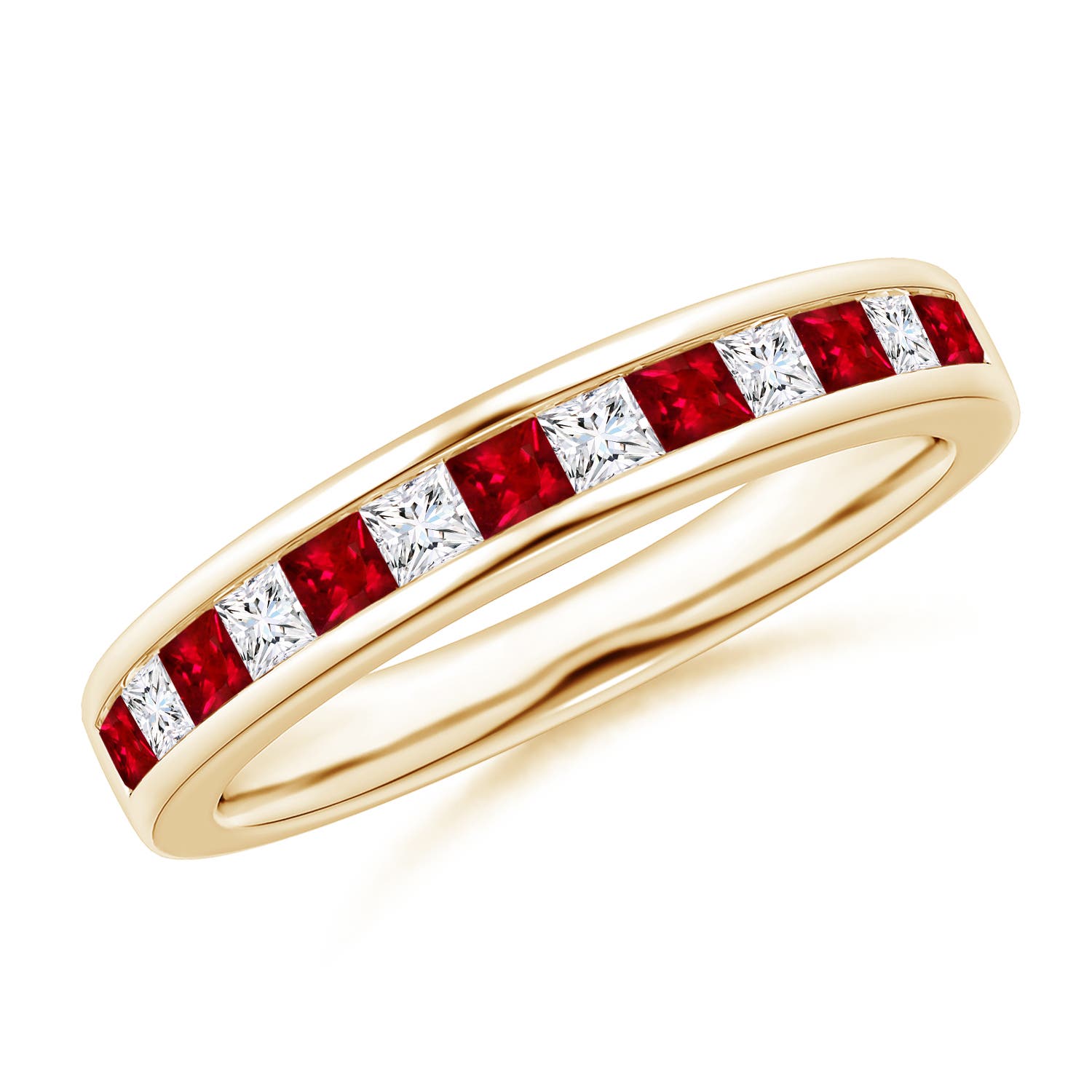 2mm AAAA Channel Square Ruby and Diamond Half Eternity Ring in 18K Yellow Gold