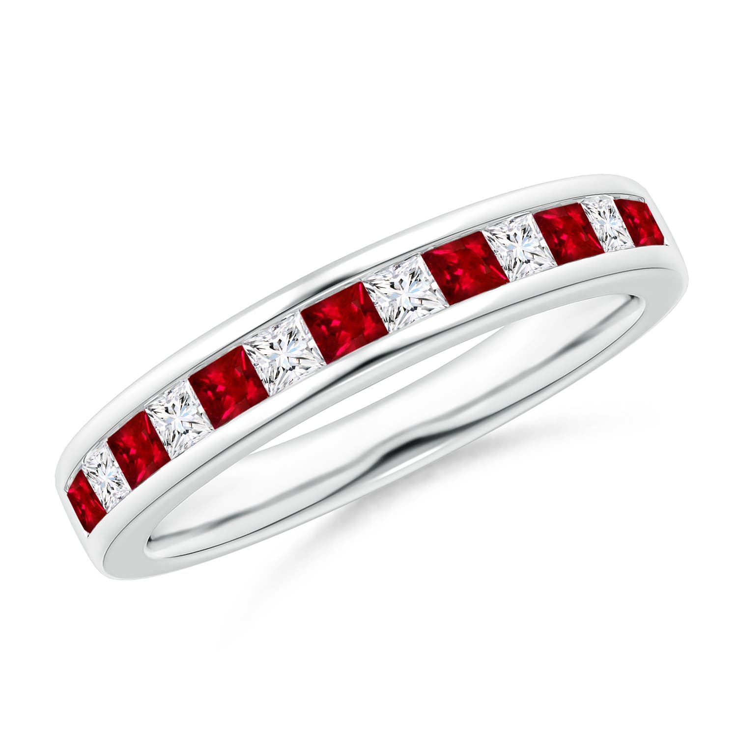 2mm AAAA Channel Square Ruby and Diamond Half Eternity Ring in White Gold