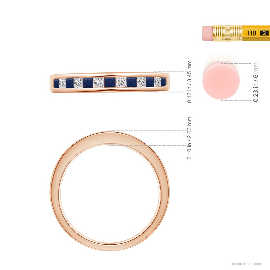 1.8mm A Channel Square Sapphire and Diamond Half Eternity Ring in Rose Gold ruler