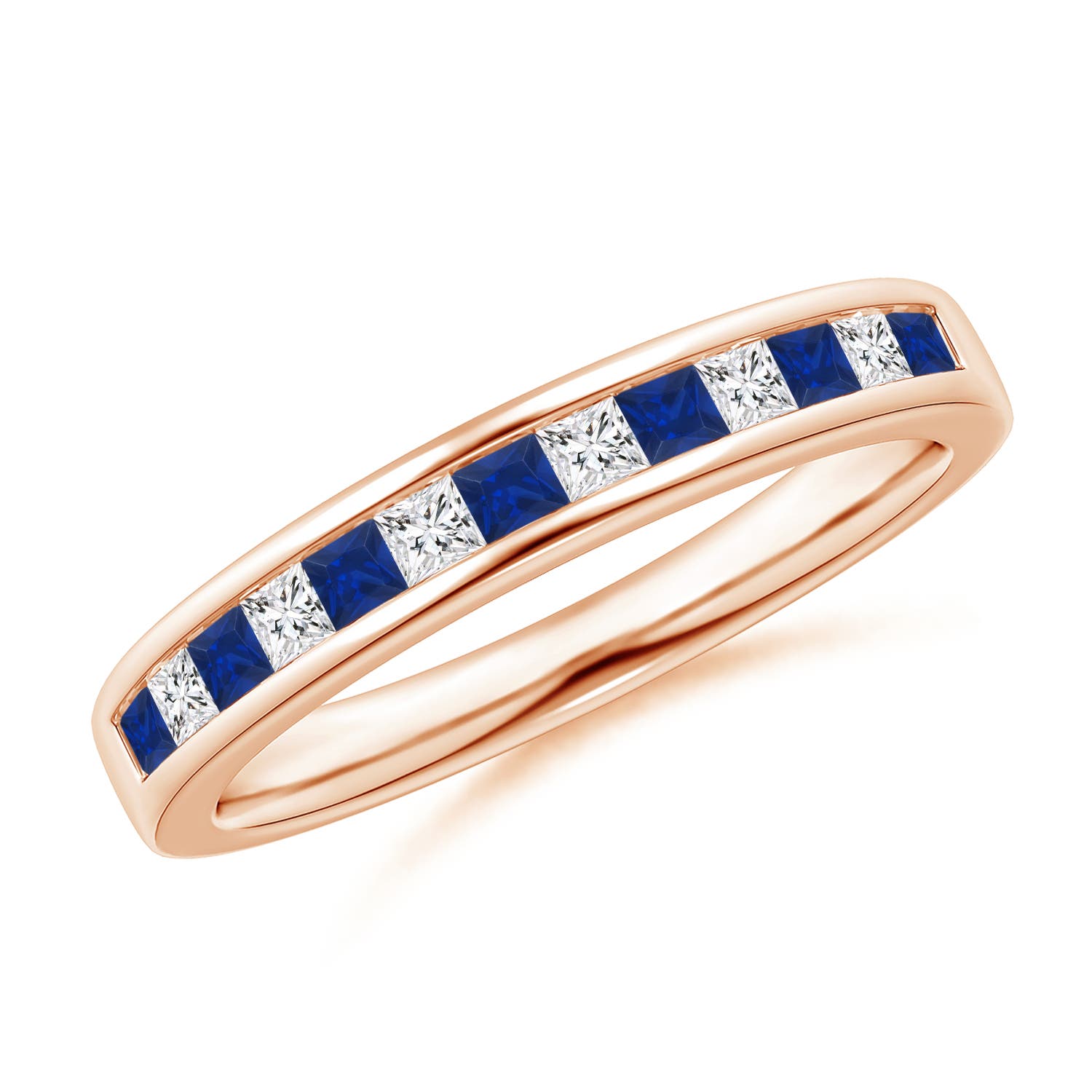 1.8mm AAA Channel Square Sapphire and Diamond Half Eternity Ring in Rose Gold