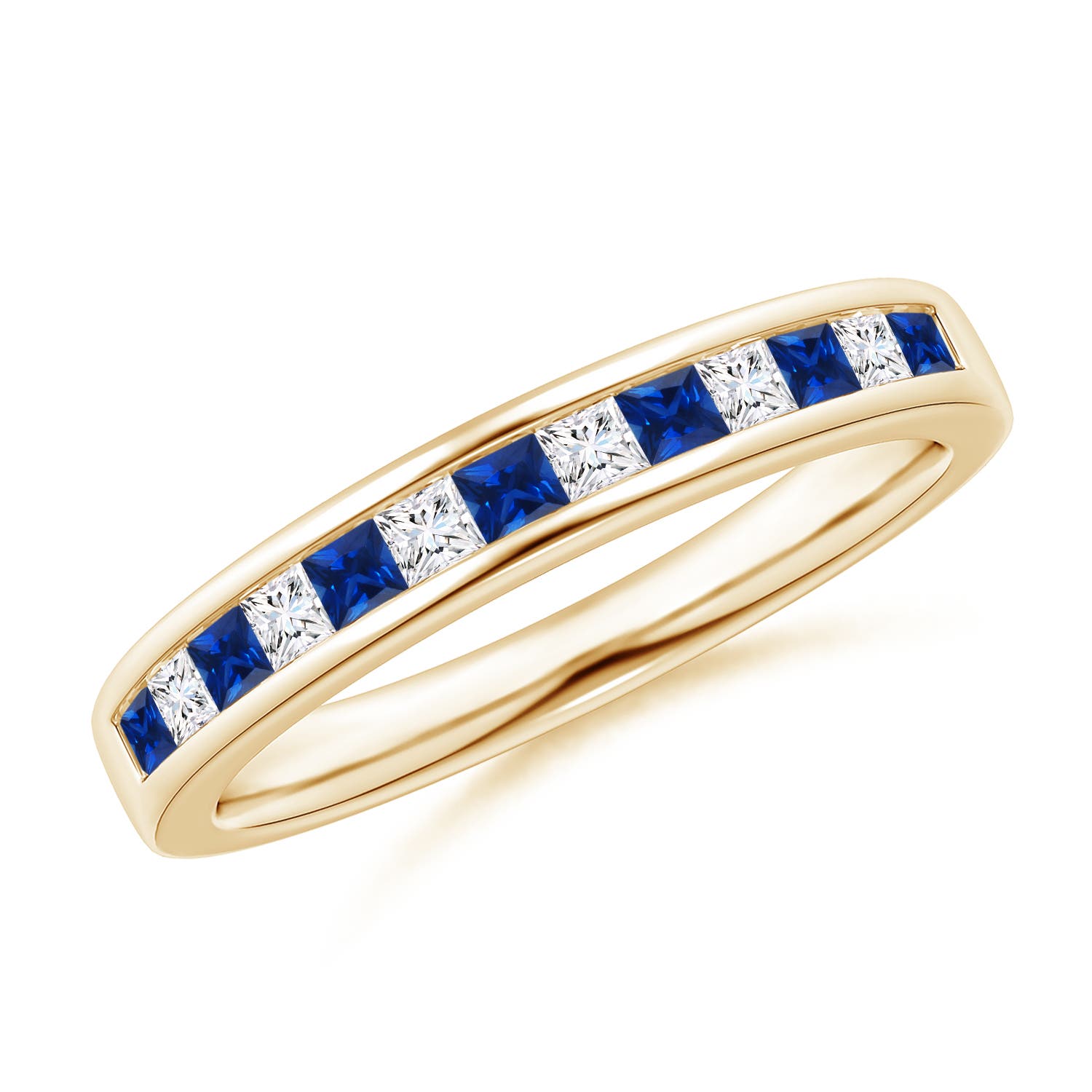 1.8mm AAAA Channel Square Sapphire and Diamond Half Eternity Ring in Yellow Gold