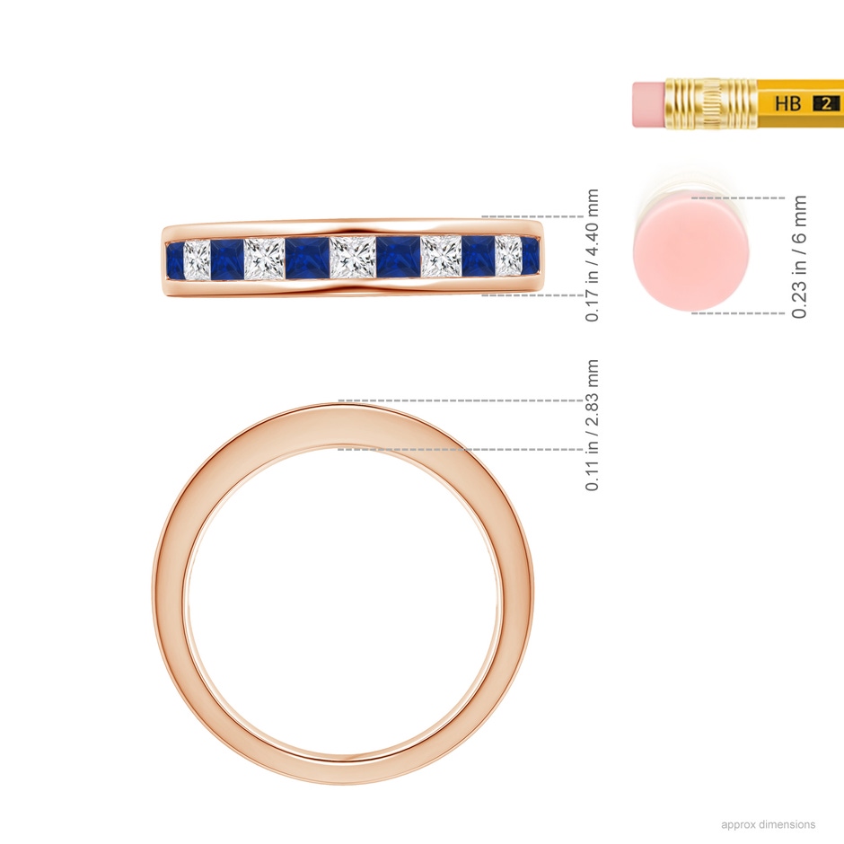 2.4mm AAA Channel Square Sapphire and Diamond Half Eternity Ring in Rose Gold ruler