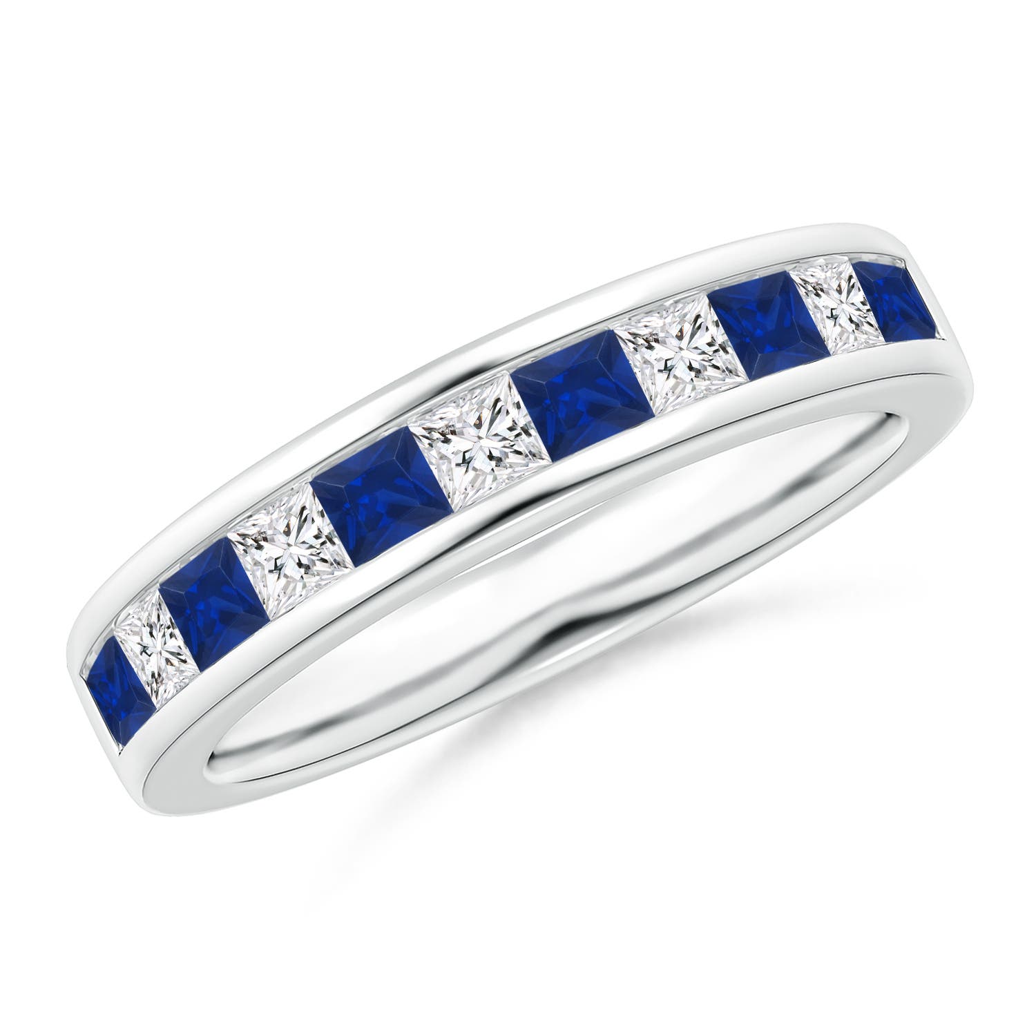 2.4mm AAA Channel Square Sapphire and Diamond Half Eternity Ring in White Gold