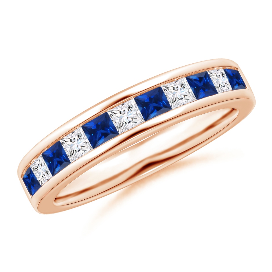 2.4mm AAAA Channel Square Sapphire and Diamond Half Eternity Ring in 18K Rose Gold 