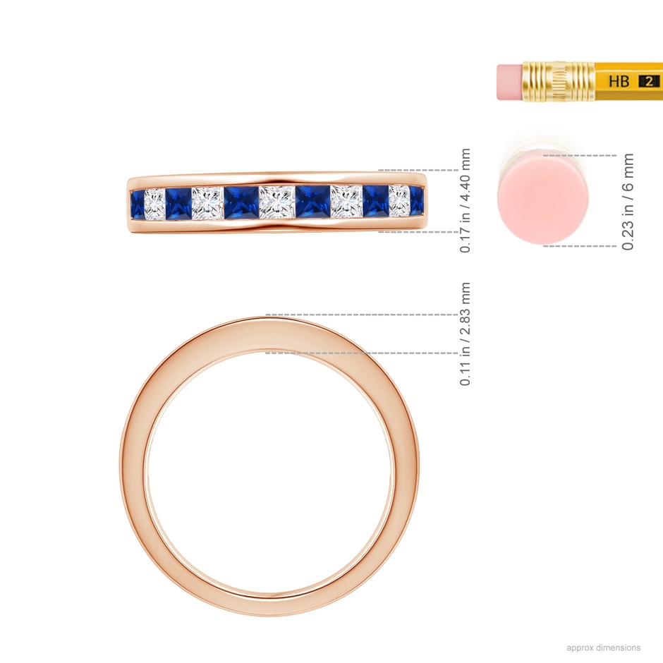 2.4mm AAAA Channel Square Sapphire and Diamond Half Eternity Ring in 18K Rose Gold ruler