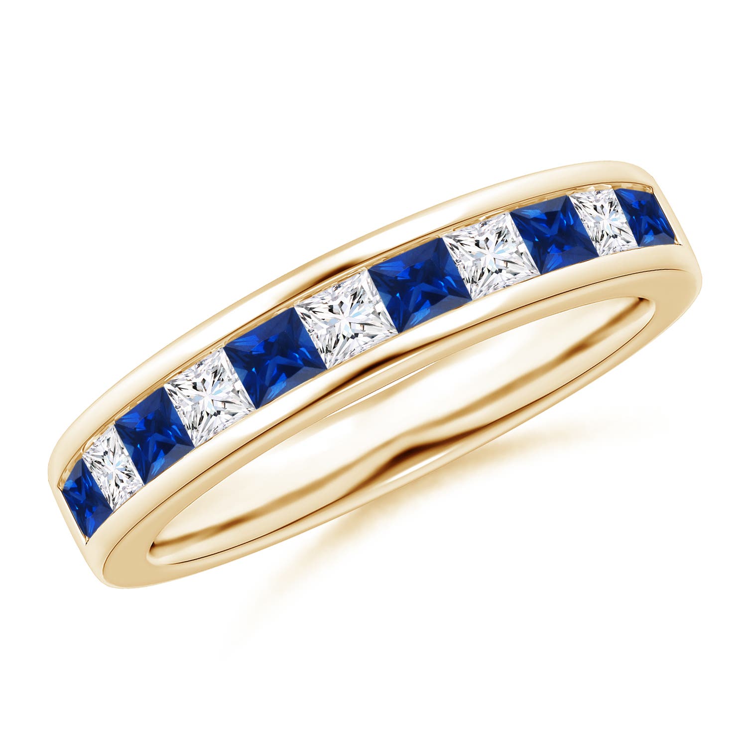 2.4mm AAAA Channel Square Sapphire and Diamond Half Eternity Ring in Yellow Gold