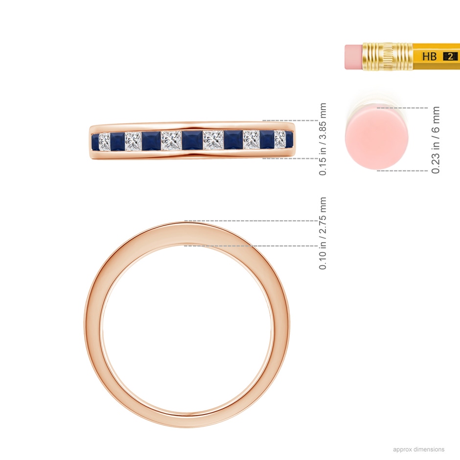 2mm A Channel Square Sapphire and Diamond Half Eternity Ring in Rose Gold ruler