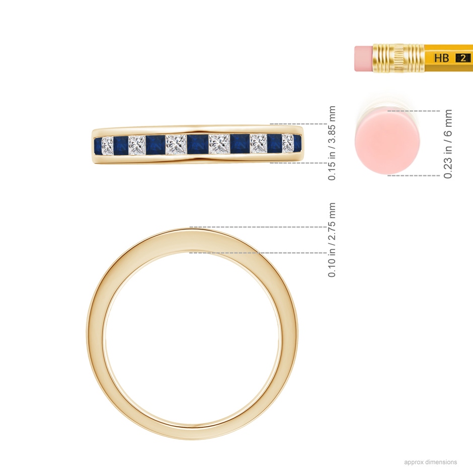 2mm AA Channel Square Sapphire and Diamond Half Eternity Ring in Yellow Gold ruler
