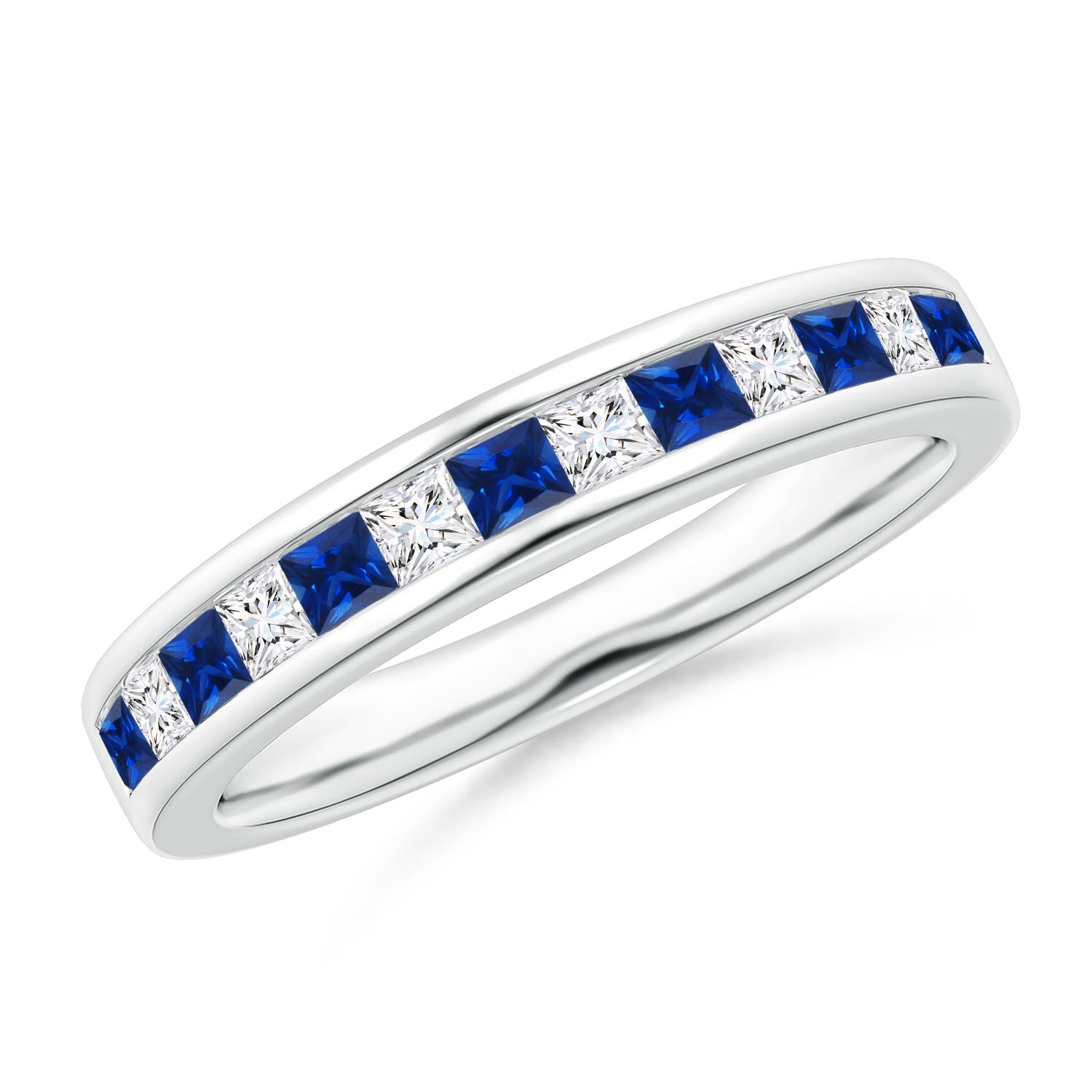 2mm AAAA Channel Square Sapphire and Diamond Half Eternity Ring in P950 Platinum