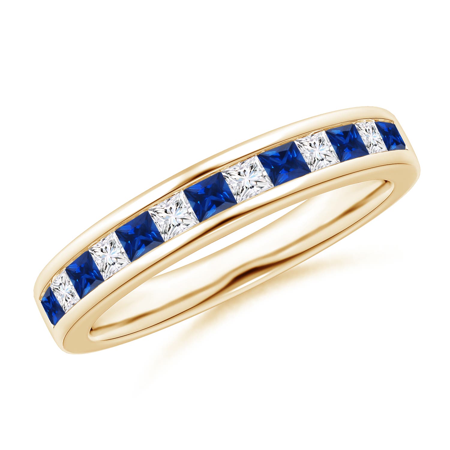 2mm AAAA Channel Square Sapphire and Diamond Half Eternity Ring in Yellow Gold