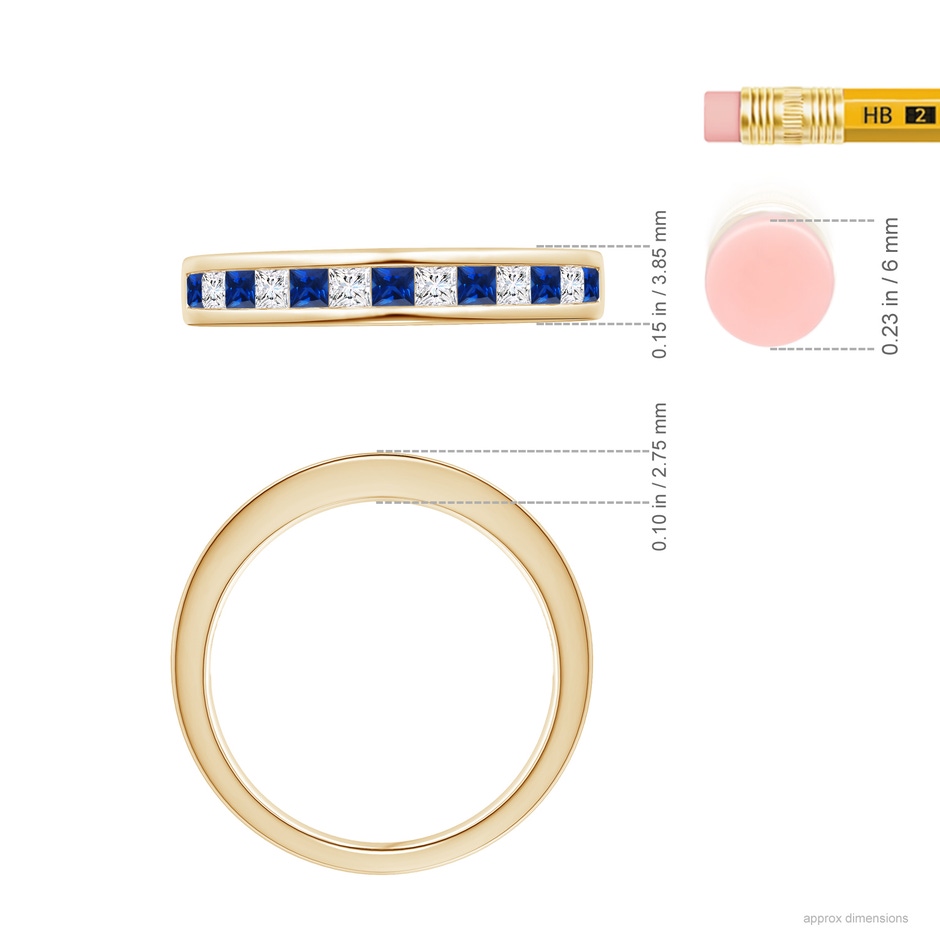 2mm AAAA Channel Square Sapphire and Diamond Half Eternity Ring in Yellow Gold ruler
