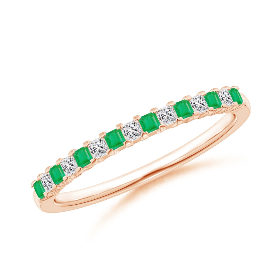 1.5mm A Square Emerald and Princess Diamond Semi Eternity Classic Wedding Ring in Rose Gold 