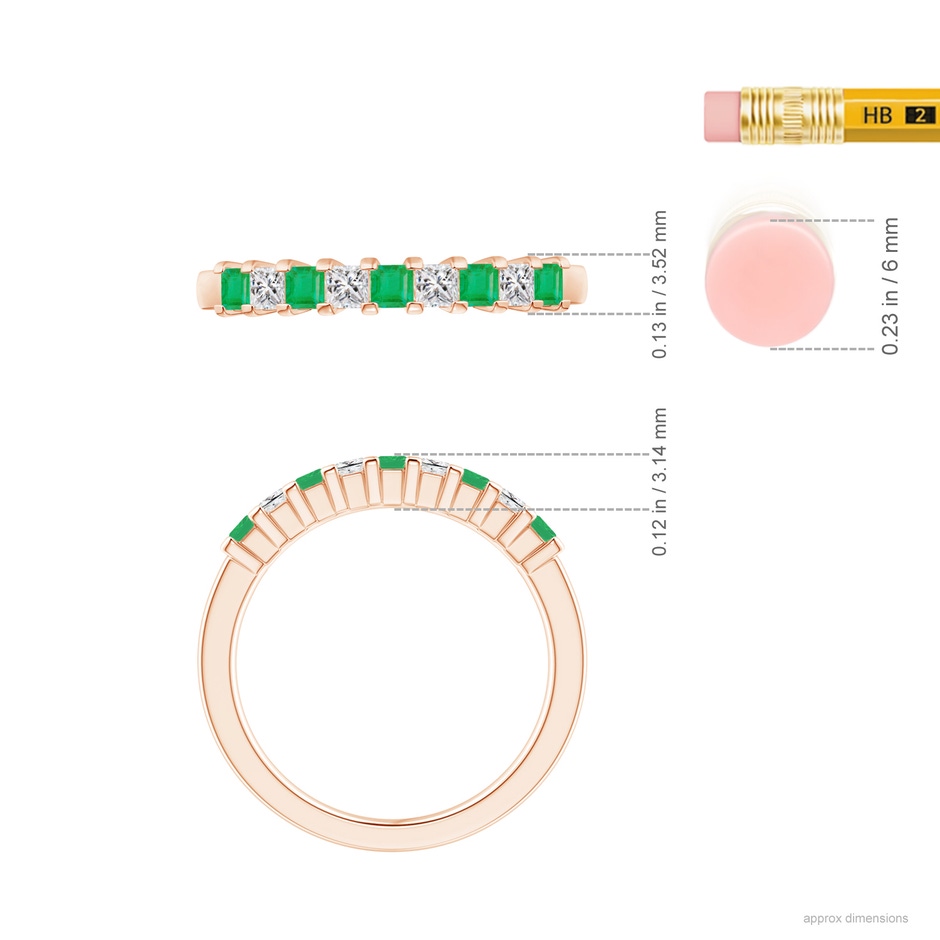2.2mm A Square Emerald and Princess Diamond Semi Eternity Classic Wedding Ring in Rose Gold ruler