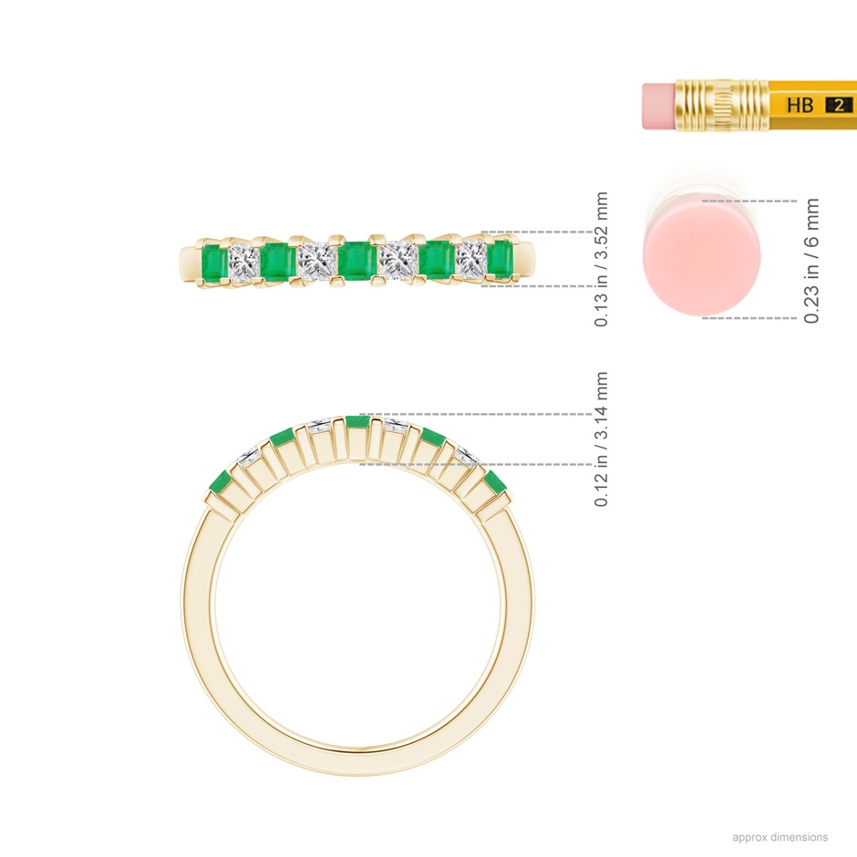 2.2mm A Square Emerald and Princess Diamond Semi Eternity Classic Wedding Ring in Yellow Gold ruler