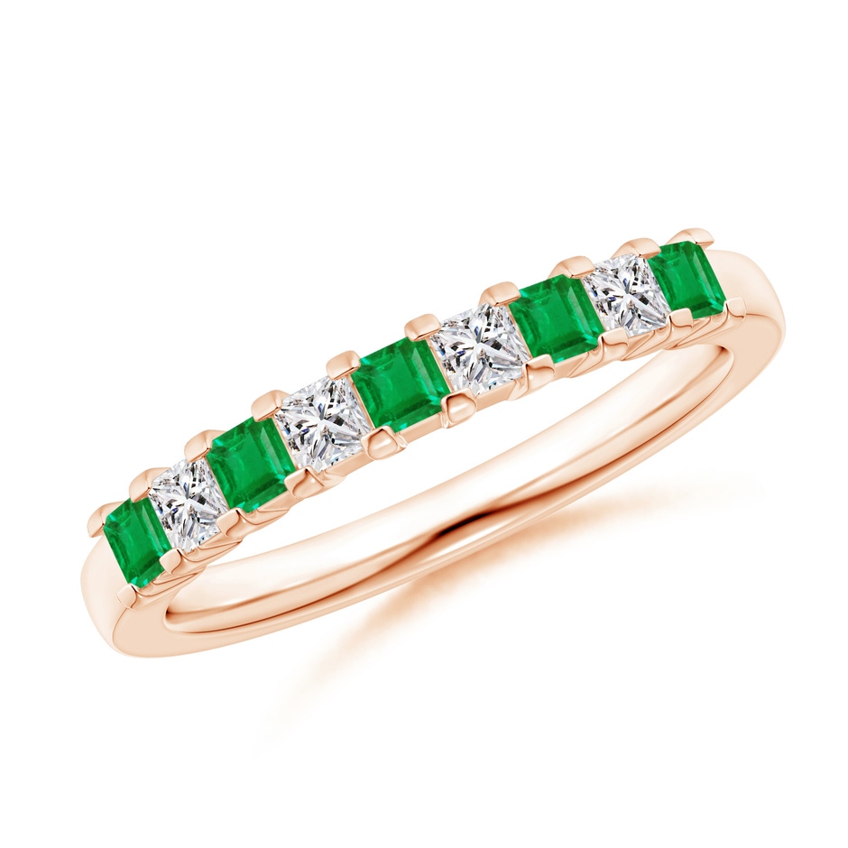 2.2mm AA Square Emerald and Princess Diamond Semi Eternity Classic Wedding Ring in Rose Gold 