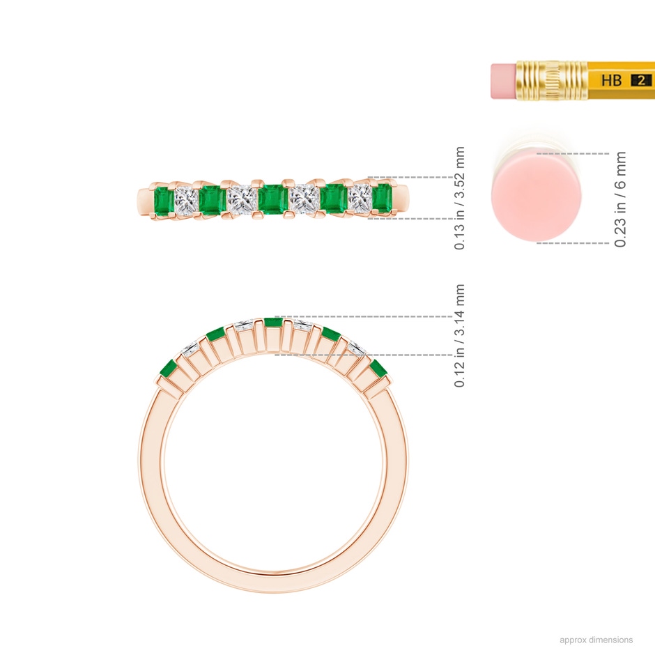 2.2mm AA Square Emerald and Princess Diamond Semi Eternity Classic Wedding Ring in Rose Gold ruler