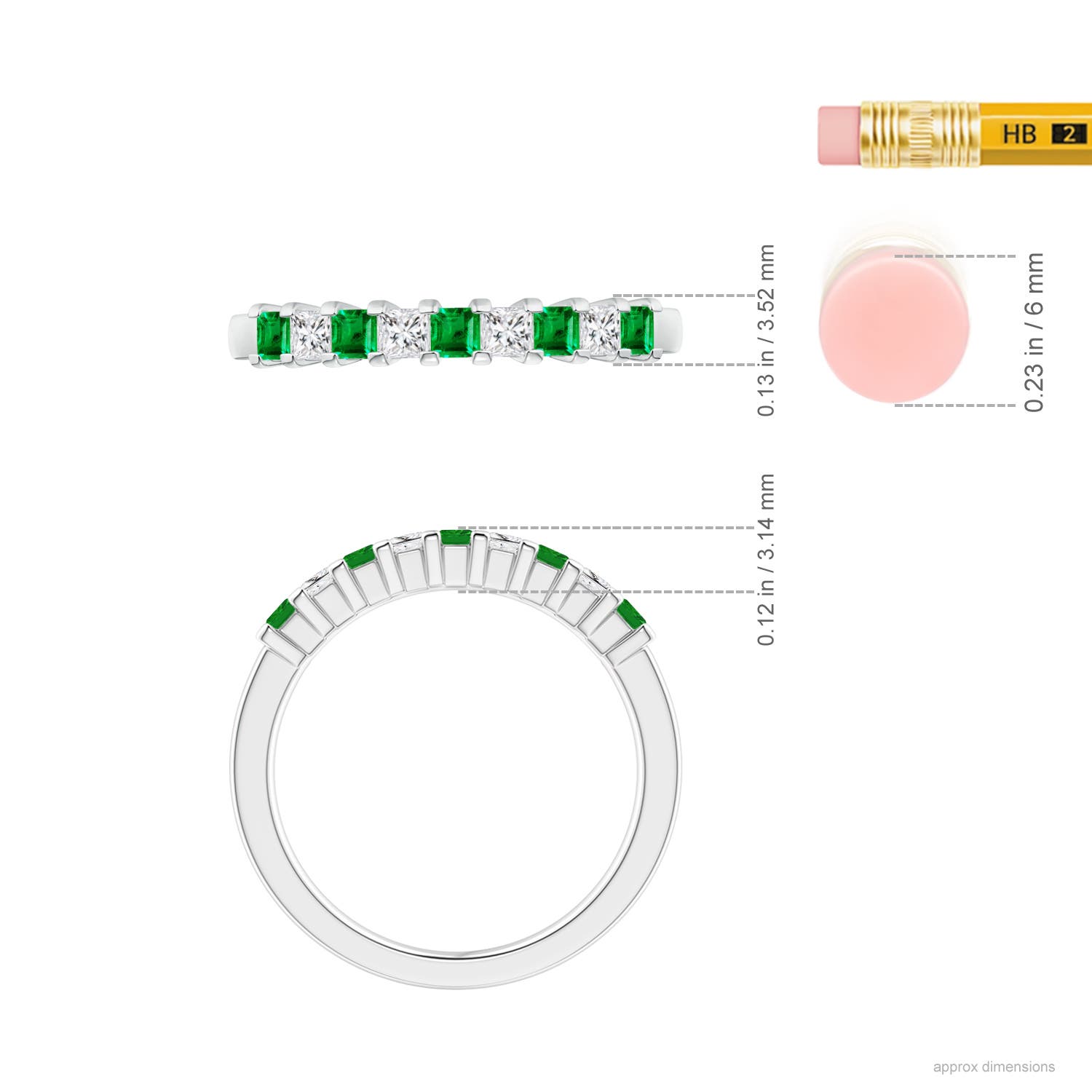 2.2mm AAA Square Emerald and Princess Diamond Semi Eternity Classic Wedding Ring in 18CT White Gold - ruler