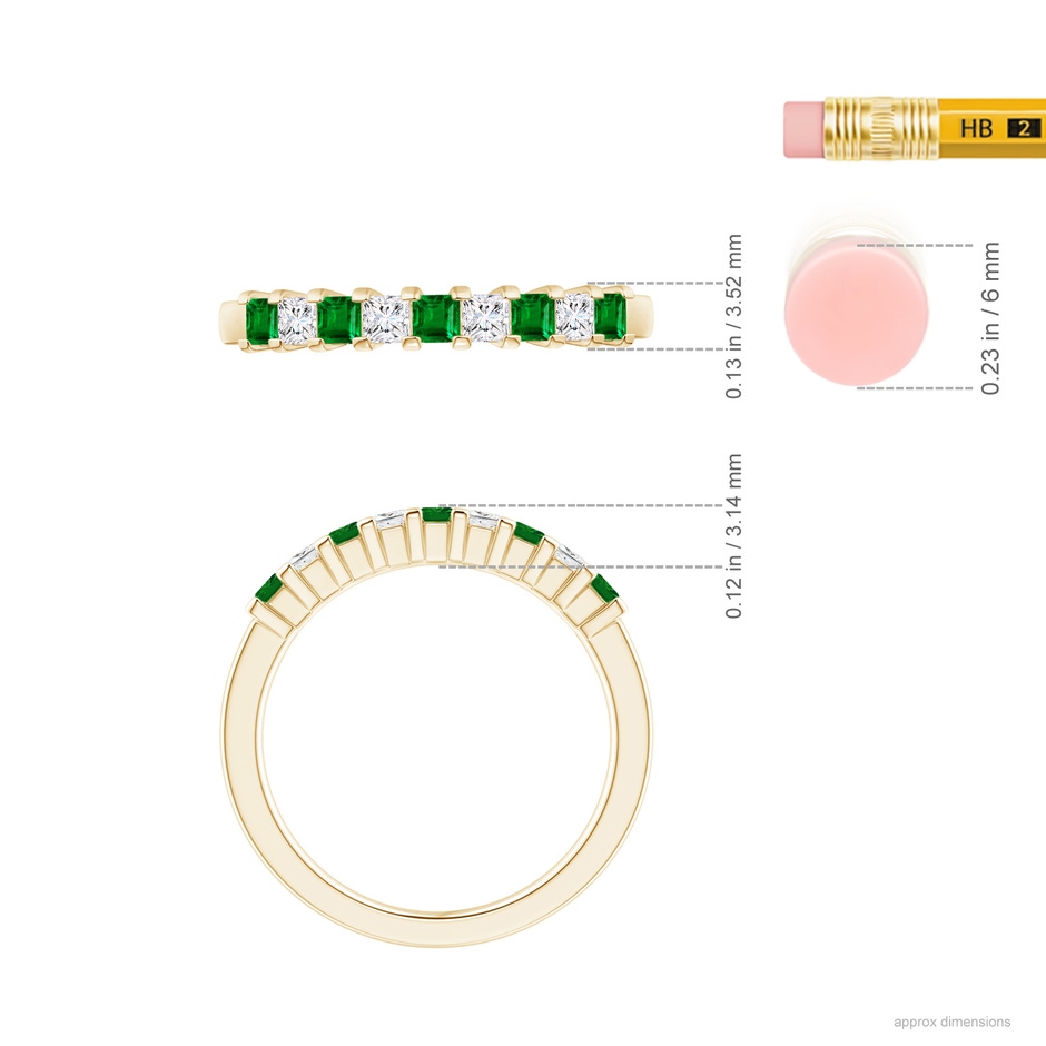 2.2mm AAAA Square Emerald and Princess Diamond Semi Eternity Classic Wedding Ring in Yellow Gold ruler