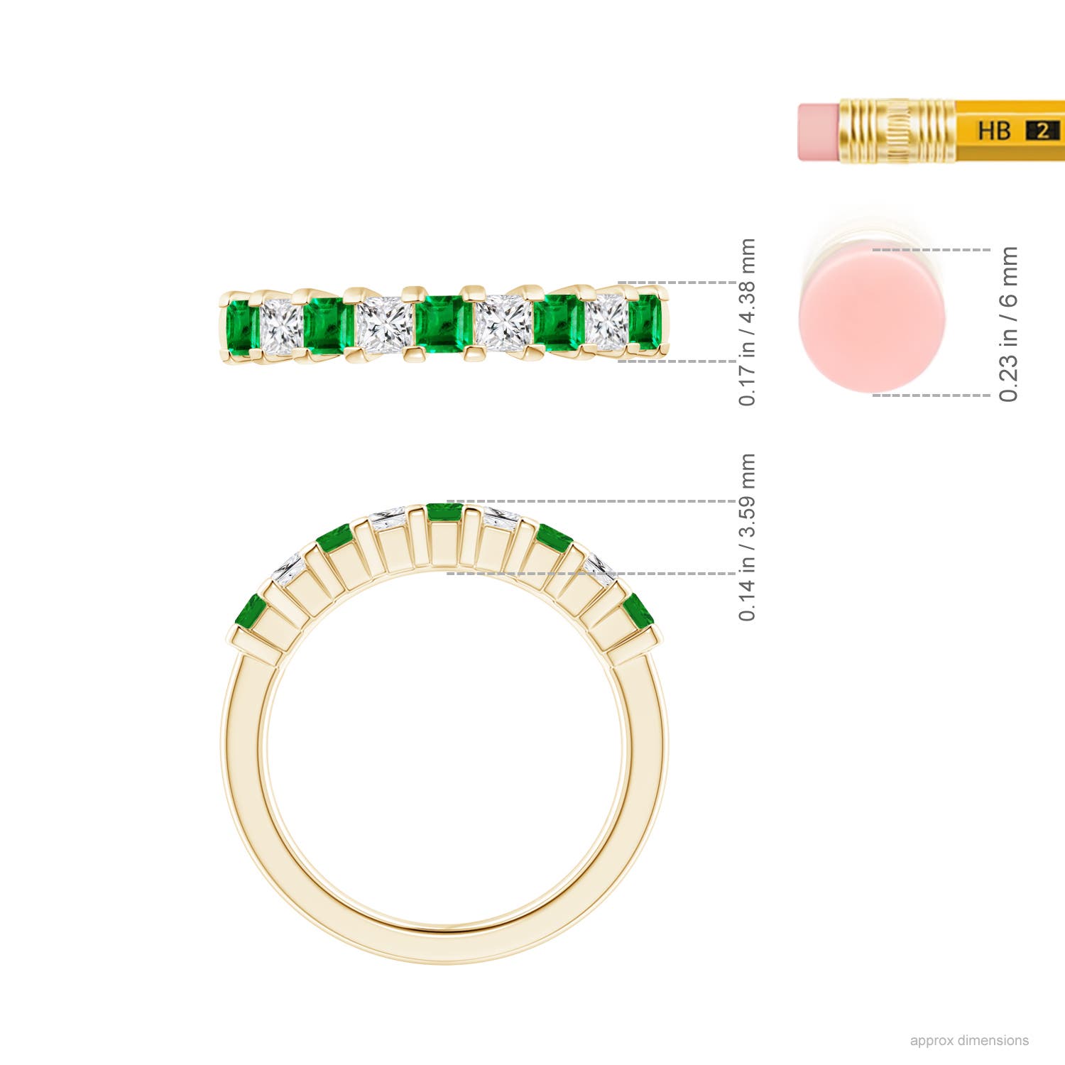 2.6mm AAA Square Emerald and Princess Diamond Semi Eternity Classic Wedding Ring in 18K Yellow Gold - ruler
