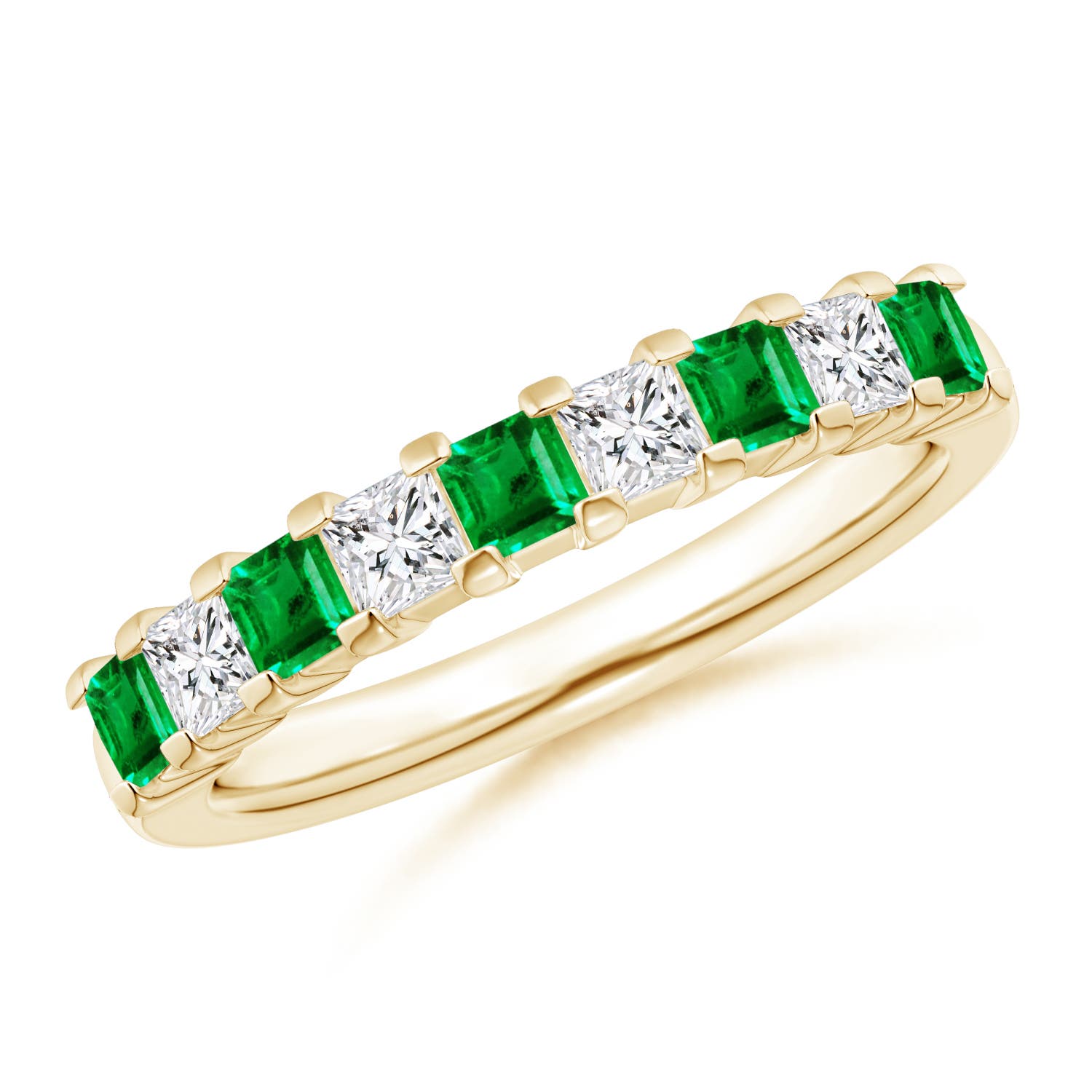 2.6mm AAA Square Emerald and Princess Diamond Semi Eternity Classic Wedding Ring in Yellow Gold