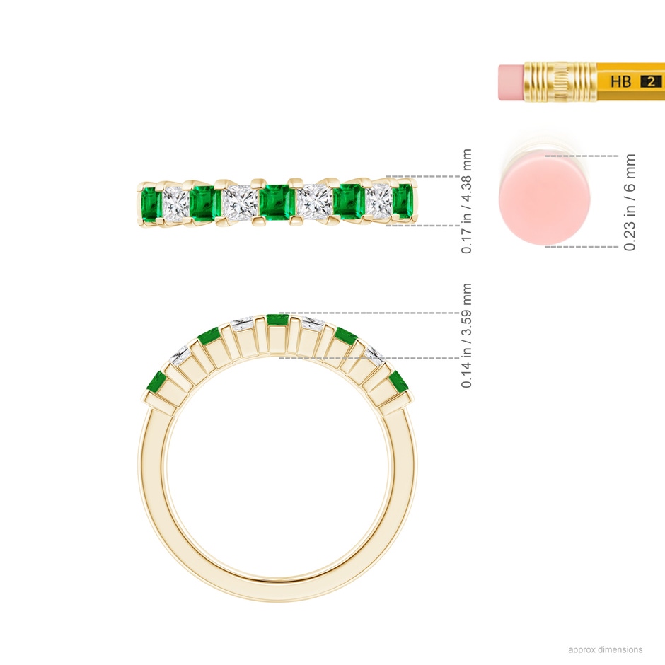 2.6mm AAA Square Emerald and Princess Diamond Semi Eternity Classic Wedding Ring in Yellow Gold ruler
