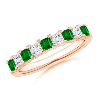 2.6mm AAAA Square Emerald and Princess Diamond Semi Eternity Classic Wedding Ring in Rose Gold